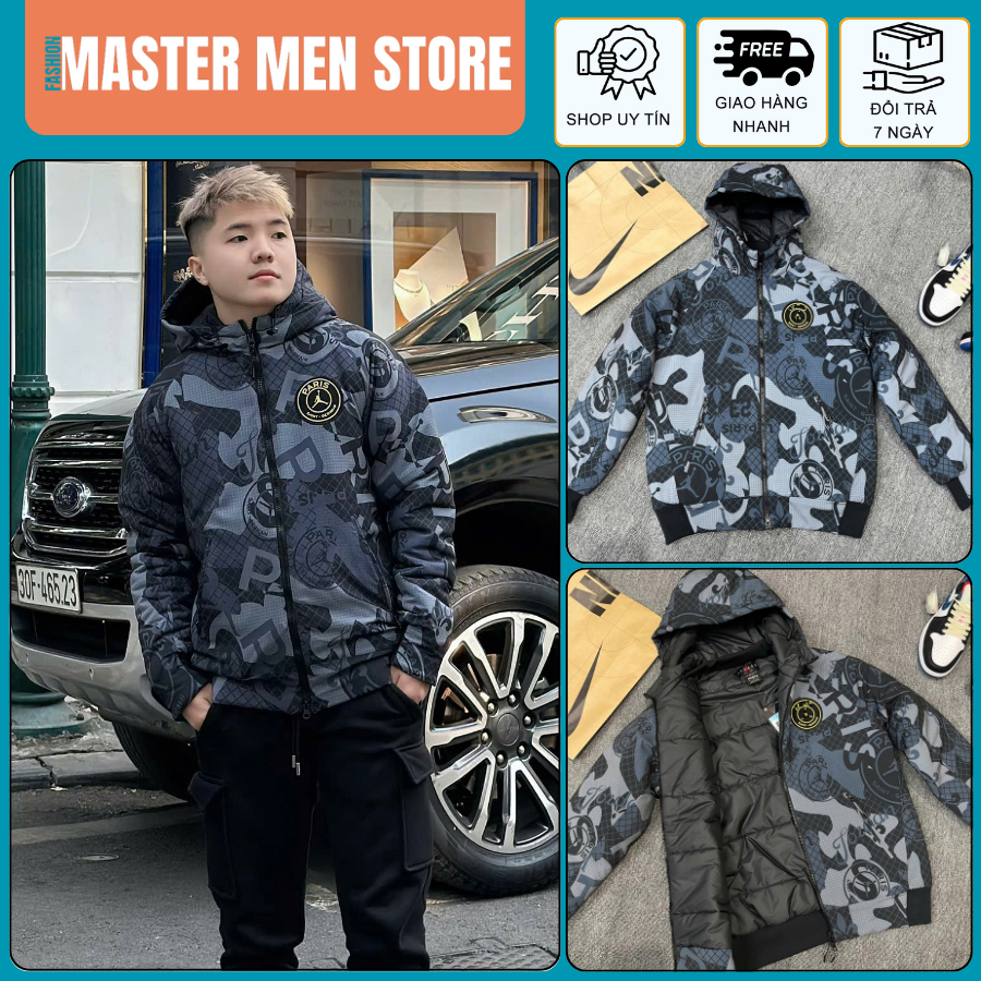Áo Khoác PSG Nam Trần Bông Thêu Logo Cực Đẹp - Áo Khoác PSG Rằn Ri Nam Phối Mũ Trần Bông Cao Cấp