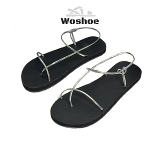 Sandal quai mảnh bạc korean style WOSHOE dép đi biển, đi học đế bệt 1.5 cm