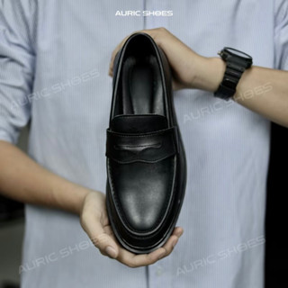 Giày Penny Loafer full đen Form classic - Đế cao đúc nguyên khối tăng 4cm chiều cao - Tặng kèm lót tăng chiều cao
