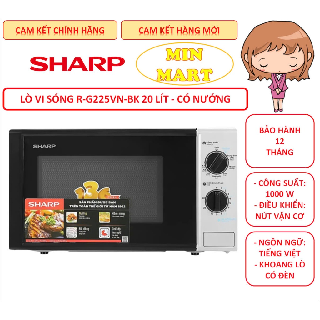 Lò vi sóng Sharp R-G225VN-BK 20 lít, có nướng, công suất 1000W, chính hãng, bảo hành 12 tháng toàn q
