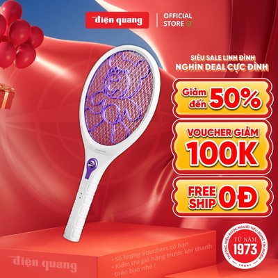 [HỎA TỐC] Vợt muỗi Điện Quang ĐQ EMR04 WP (trắng - tím) - Có đèn trên thân - Xả nhanh dòng điện 5s, Bảo hành 12 tháng