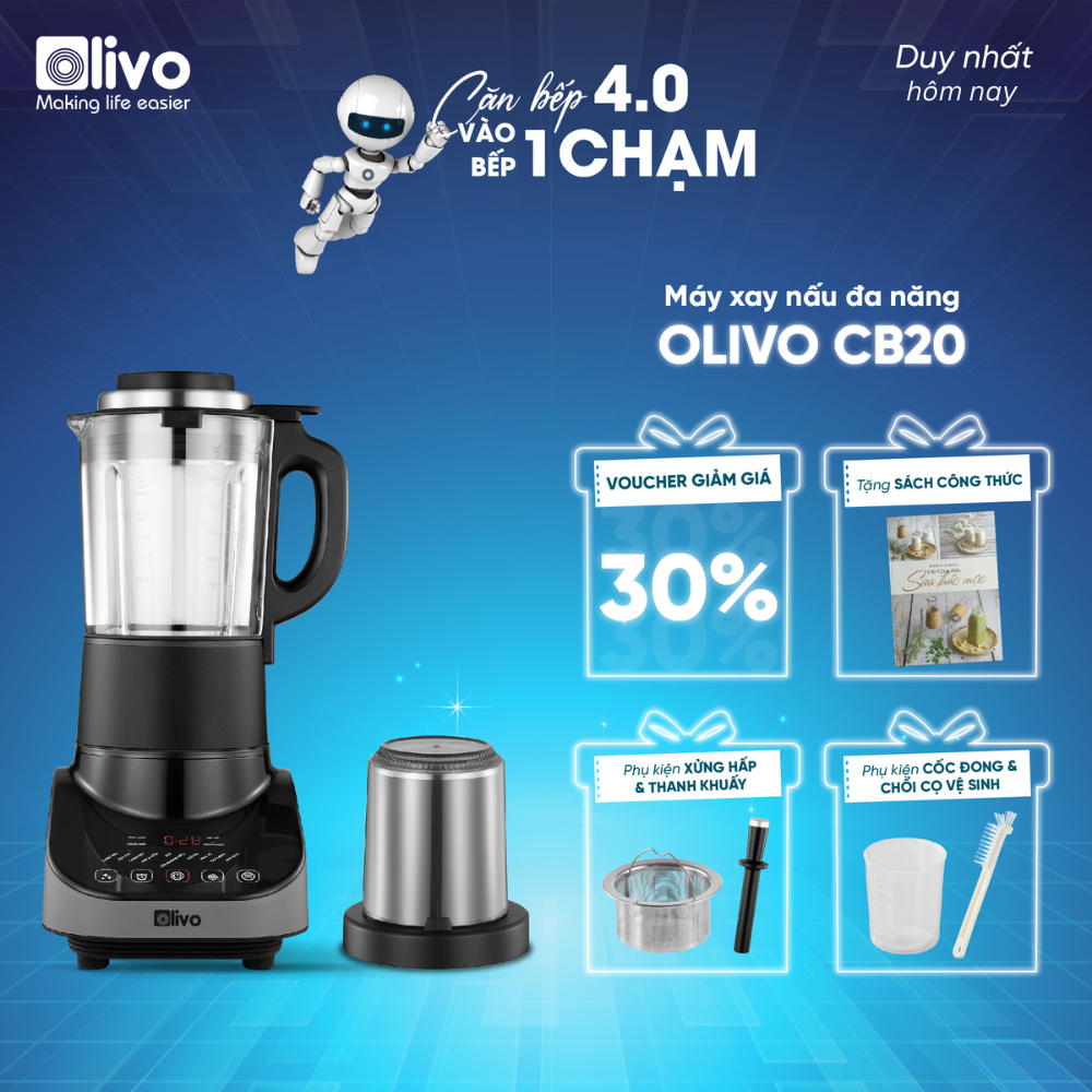 Máy làm sữa hạt Olivo CB20 công suất 2000W, dung tích 1,75L, tích hợp cối xay khô