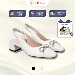 Giày cao gót đính nơ đá 3 phân mũi vuông hở gót, finish da lụa, đế chống trơn trượt V0103 | VEZANA