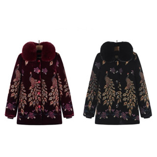 Áo khoác nhung cổ lông hoạ tiết công phượng sang trọng, ấm áp cho Bà, cho Mẹ, nữ trung niên và người già U70U80U90