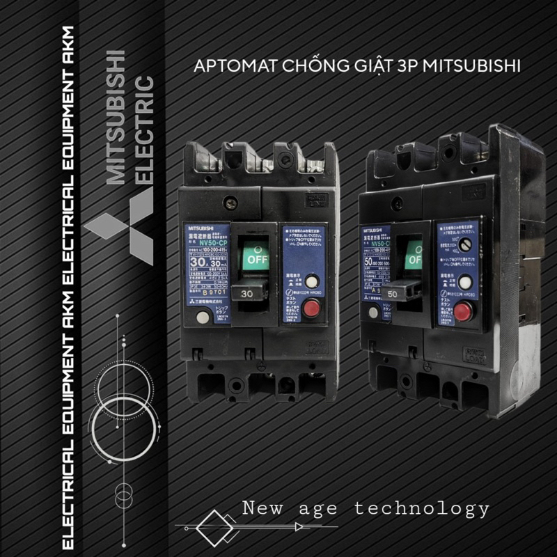 APTOMAT CHỐNG GIẬT ~ HÀNG BÃI  MITSUBISHI 99% -3P MẶT ĐEN 20A / 30A/ 40A/ 50A