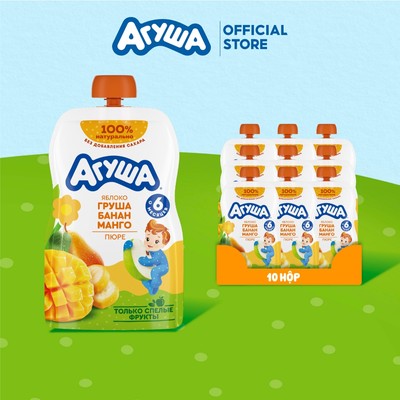 Thùng 10 Gói Trái cây nghiền vị táo, lê, chuối và xoài Agusha 90g/gói dành cho bé từ 6 tháng trở lên