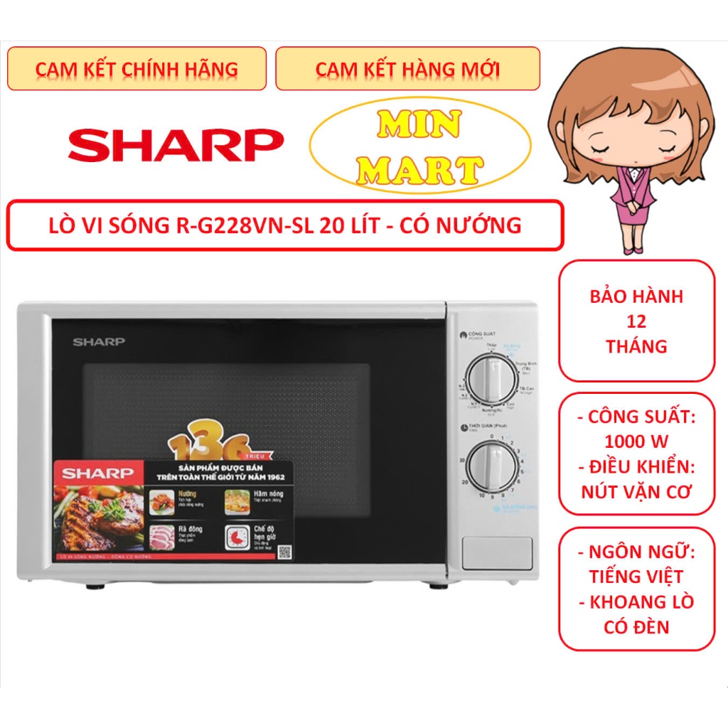 Lò vi sóng Sharp R-G228VN-SL 20 lít, có nướng, công suất 1000W, chính hãng, bảo hành 12 tháng toàn q