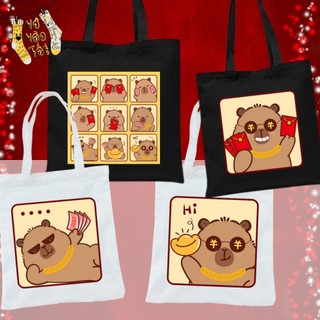   có In theo yêu cầu  TÚI TOTE CANVAS GIÁNG SINH  CAPYBARA PHÁT TÀI  có thể làm quà  