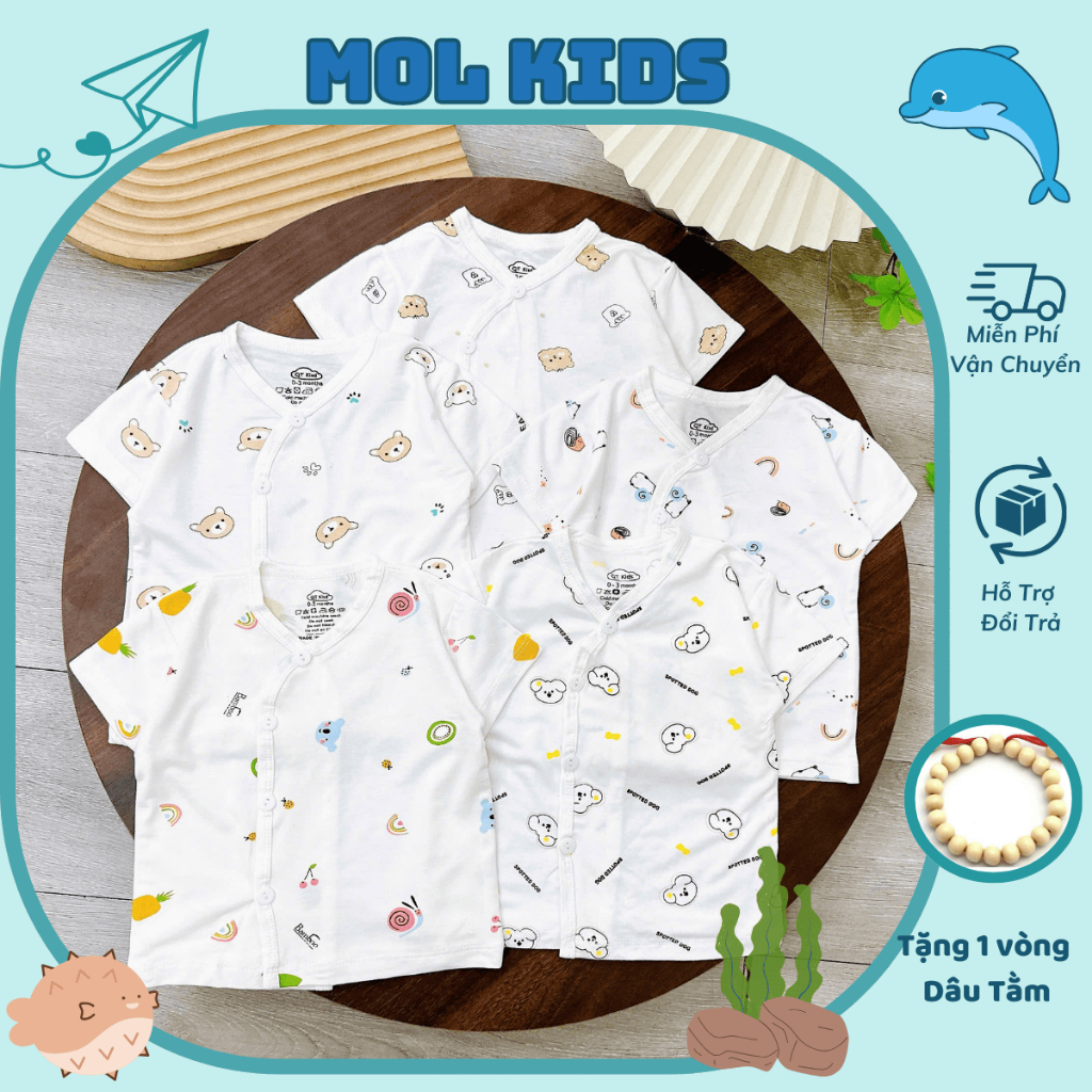 Set 3-5 Áo cộc tay sơ sinh thun lạnh trắng, phối màu mềm mịn thoáng khí in hoạ tiết cho bé 3-9kg Molkids