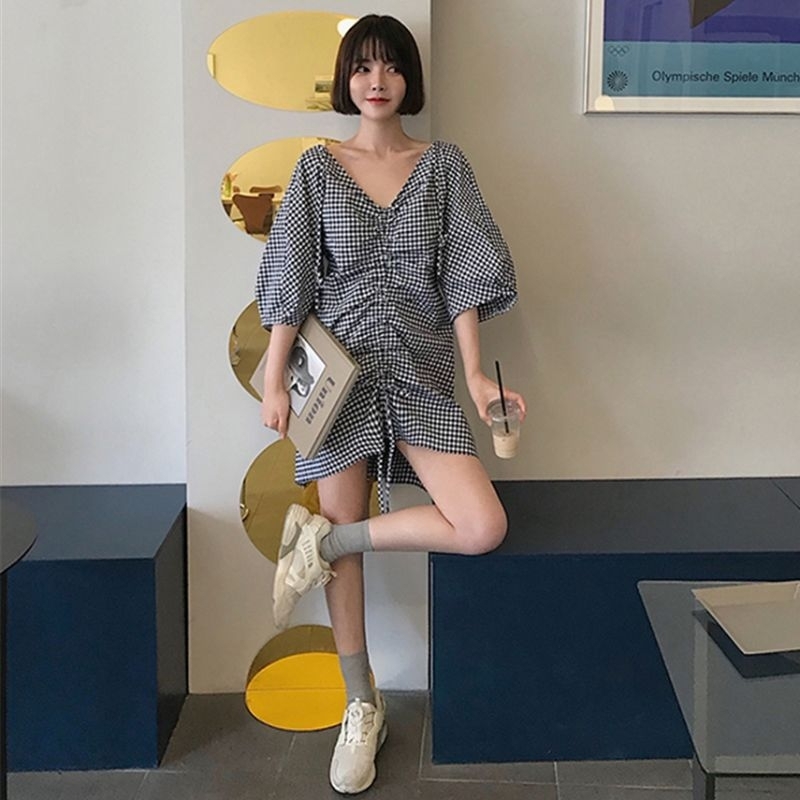 Đầm caro tím suông new o.rder TB N98 E94 D85