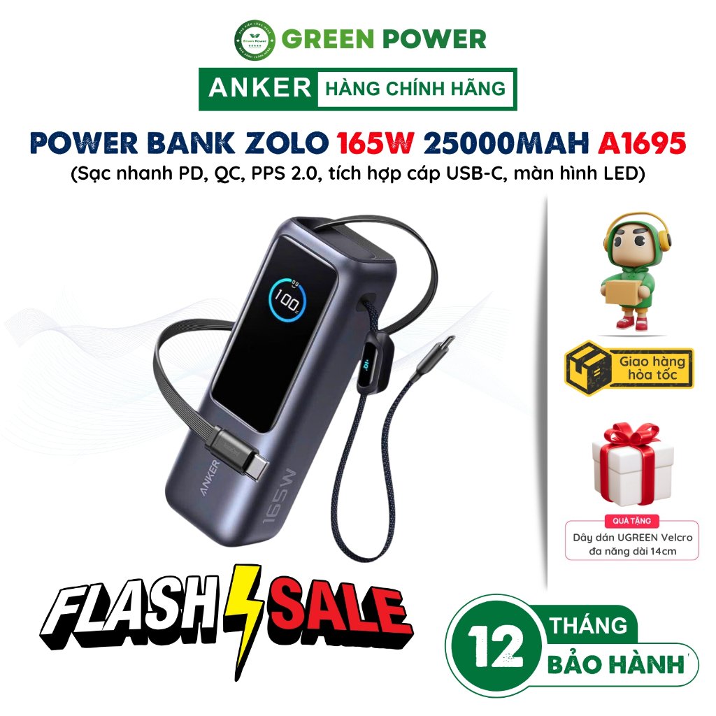 Pin Sạc Dự Phòng Anker Zolo Power Bank 25000mAh A1695 công suất 165W có cáp USB-C tích hợp thu gọn -