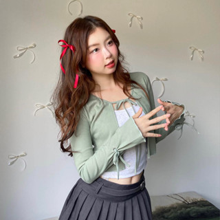 Áo khoác ngoài cardigan tay dài cột dây thắt nơ cổ và tay vải bo gân | MOODIE BRAND