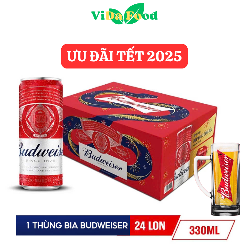 Thùng 24 Lon Bia Budweiser Sleek Can Chính Hãng (330ml/ lon) - Phiên Bản TẾT 2025 SP412325678