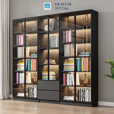[Chỉ giao lắp tại TP.HCM] Tủ Gỗ Trưng Bày Cánh Kính Đèn LED Màu Đen Hiện Đại SIB Decor TCK06