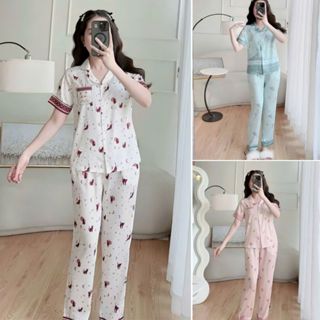 Bộ Pijama Tay Cộc Quần Dài Hoạ Tiết Bông Chất Lụa Latin Cao Cấp Thương Hiệu Xavia P11