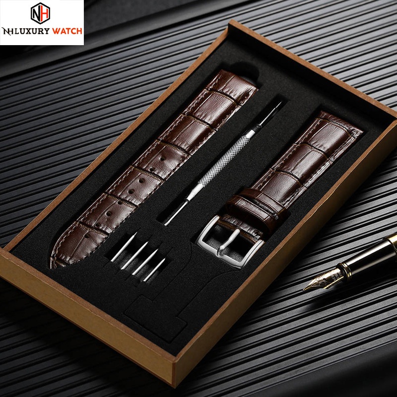 (Size 12-13-14-15-16-17-18-19-20-21-22-23mm) Dây da đồng hồ da bò cao cấp tặng Hộp Gỗ kèm Khóa Cài thép không gỉ