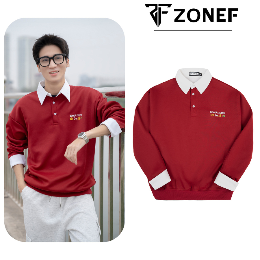 Áo Sweater Nỉ Đỏ Tết Cổ Sơ Mi ZONEF OFFICIAL Áo Sweater Nam Nữ Đi Chơi Tết Chất Nỉ 2 Da Cao Cấp