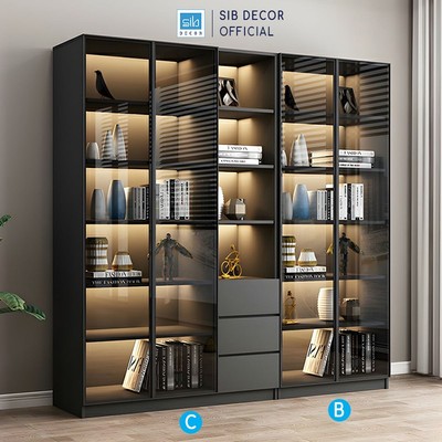 [Chỉ giao lắp tại TP.HCM] Set Tủ Gỗ Trưng Bày Cánh Kính Phối Đèn LED Kèm Ngăn Kéo Màu Đen Hiện Đại SIB Decor TCK07
