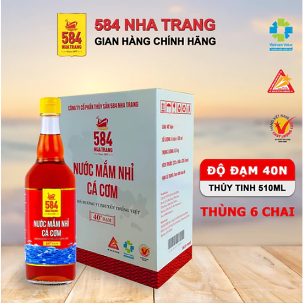 Thùng 6 chai Nước mắm Nhỉ Cá cơm - 584 Nha Trang - 40 độ đạm - Chai thủy tinh 510ml