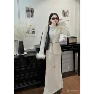  Bộ đồ dạ tweed thu đông nữ áo tay dài mix lông kết hợp chân váy dáng dài sang chảnh - Women Dress 