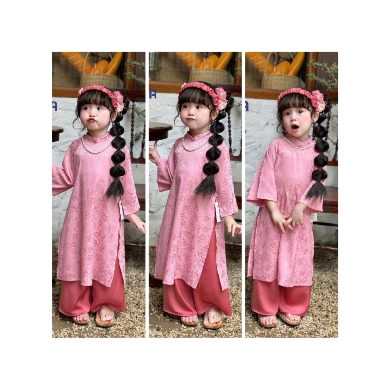 áo dài tết cho bé gái, set áo dài cách tân kèm mấn siêu xinh Joeyna bé gái 8kg - 24kg, lụa gấm hoa p