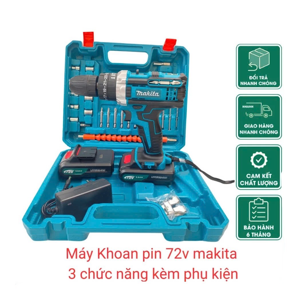 Máy khoan pin Makita 72v cầm tay, máy khoan pin 3 chức năng có búa, tặng kèm bộ phụ kiện 24 chi tiết