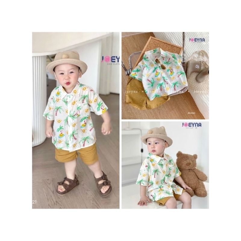 bộ sơ mi bé trai, set bộ họa tiết đi biển hè cây Dừa coconut Joeyna bé trai 8kg - 24kg , áo đũi hàn 