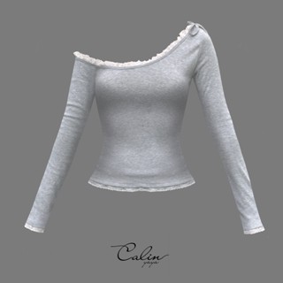 Áo kiểu nữ dài tay lệch vai trễ vai thiết kế phối ren màu xám ôm body có bigsize - Maya Top