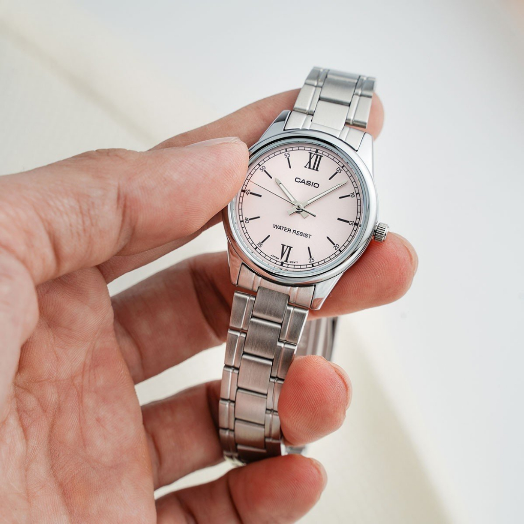 Đồng Hồ Nữ Casio LTP-V005D-4B2UDF Màu Hồng Kim Bạc Dạ Quang Mặt Kính Khoáng 28mm Chống Nước Dây Da Kim Loại Chính Hãng