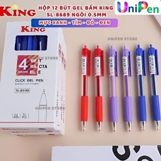 Hộp 12 cây bút mực gel đầu bấm Lex T8 / King SL-8698 mực xanh , tím , đỏ , đen , mực đậm và đều , ngòi 0.5mm Unipen
