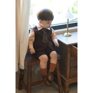 (Hình thật ) Set công tử NÂU Vintage 4 chi tiết áo gile + sơmi + quần và cà vạt cho bé sinh nhật thôi nôi TẾT