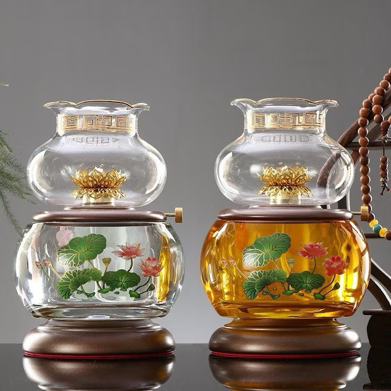 Đèn Dầu 8820 Thủy Tinh Pha Lê Hình Hoa Sen Vàng Trắng Cao Cấp - Trang Trí Bàn Thờ