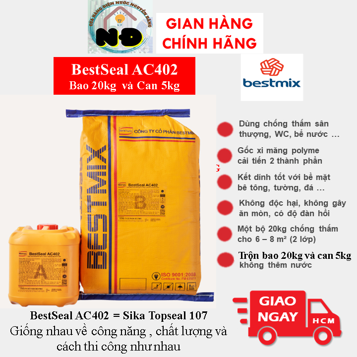 [Hỏa Tốc] Bộ 20kg BestSeal AC402 Lớp Chống Thấm WC, Sân Thượng,Tầng Hầm Bestmix = SikaTop Seal 107