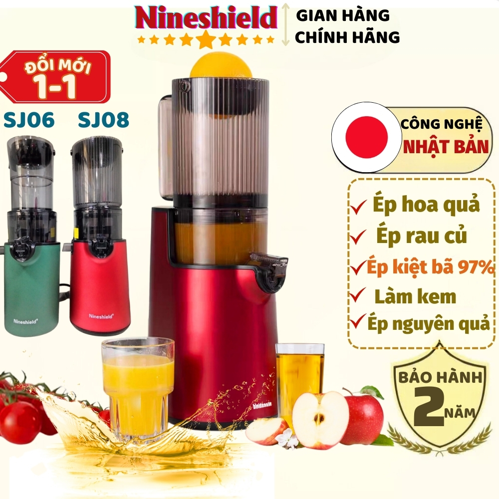 Máy ép chậm NINESHIED SJ08 ép trái cây rau củ, Máy ép hoa quả ép chậm ép kiệt bã công suất 250W không tắc nghẽn, làm kem