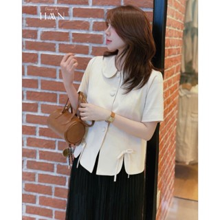 Áo Sơ Mi Nữ Cộc Tay Cổ Lá Cách Điệu Vạt Áo Đính Nơ Dáng Ngắn Chất Chéo Hàn Cao Cấp, Sơ Mi Công Sở Nữ Kiểu Hàn Quốc - A76