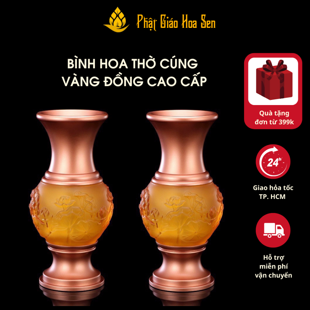 Bộ Thờ Cúng Bình Lưu Ly Vàng Đồng - Phật Giáo Hoa Sen
