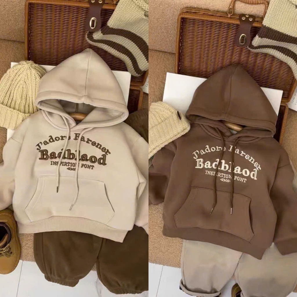 Set Bộ Hoodie chất liệu Nỉ có Túi và Mũ Vintage in chữ phong cách Hàn Quốc dành cho bé Trai và bé Gái thời tiết thu đông