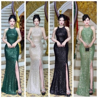 Đầm Body Dạ Hội Kim Sa Bẹt Vai Xẻ Tà Siêu Sang Dạ Hội Dự Tiệc, Chất Kim Sa Phối Lưới 4 Màu Y Hình💥