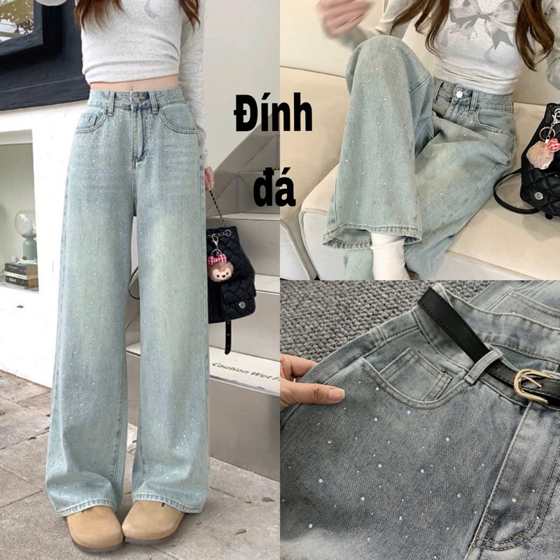Quần Jean Nữ Ống Suông Rộng Bigsize 55-90kg Đính Đá Sang Trọng, Kiểu Quần Bò Form Dáng Ống Rộng Bigsize Ms241 | BigBuy360 - bigbuy360.vn