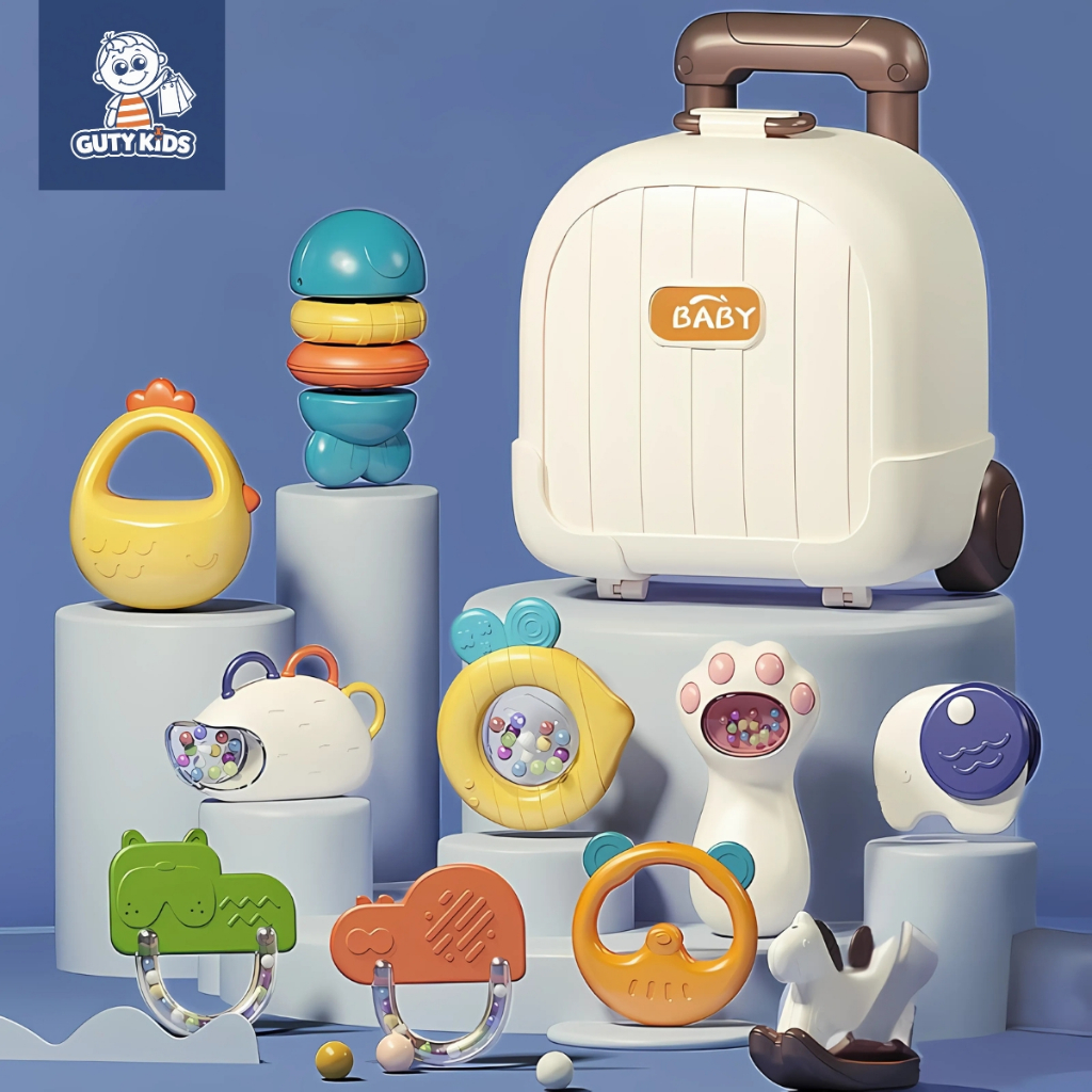 Vali gặm nướu xúc xắc lục lạc cao cấp cho bé GutyKids ,10 món đồ chơi xúc xắc bằng silicon hộp đựng