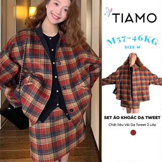   Set Đồ  Set Áo Khoác Dạ Tweed Sọc Caro TIAMO CLOSET Chân Váy Dạ Nữ Retro Mùa Xuân 2025 WT24F106 