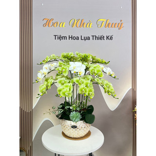 Mẫu 2024- Chậu khảm trai cắm hoa lan hồ điệp cao su cao cấp, chậu hoa cắm 1 hướng 13 cành hoa
