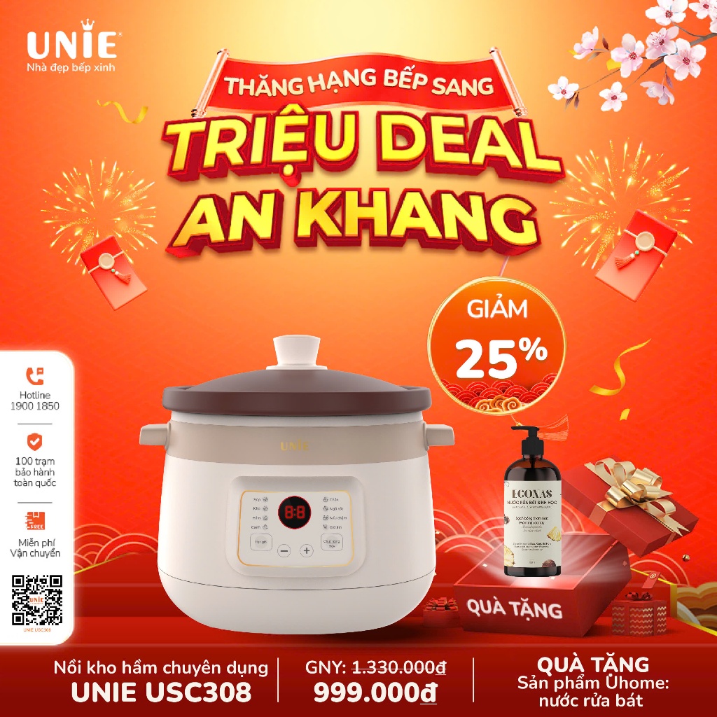 Nồi kho hầm cá thịt Unie USC308 - nồi nấu chậm 3L công suất 215W bảo hành 12 tháng- USC208