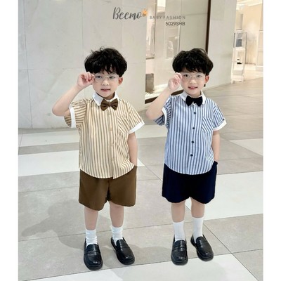 Set bộ sơ mi kẻ Beemo cộc tay kèm nơ vải thô cao cấp thoáng mát cho bé trai từ 9-24kg 5029SHB