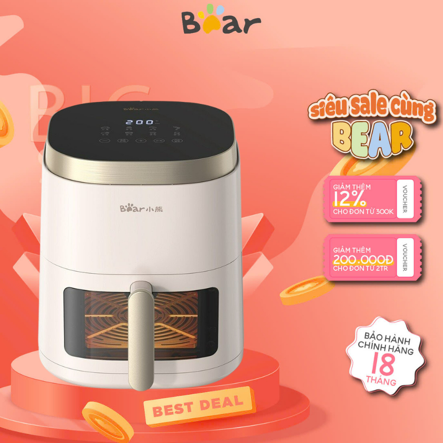 Nồi chiên không dầu 5L Bear QZG-F15E3, 1500W, 7 chế độ nấu, Hẹn giờ, Lòng Chống dính, BH 18 Tháng