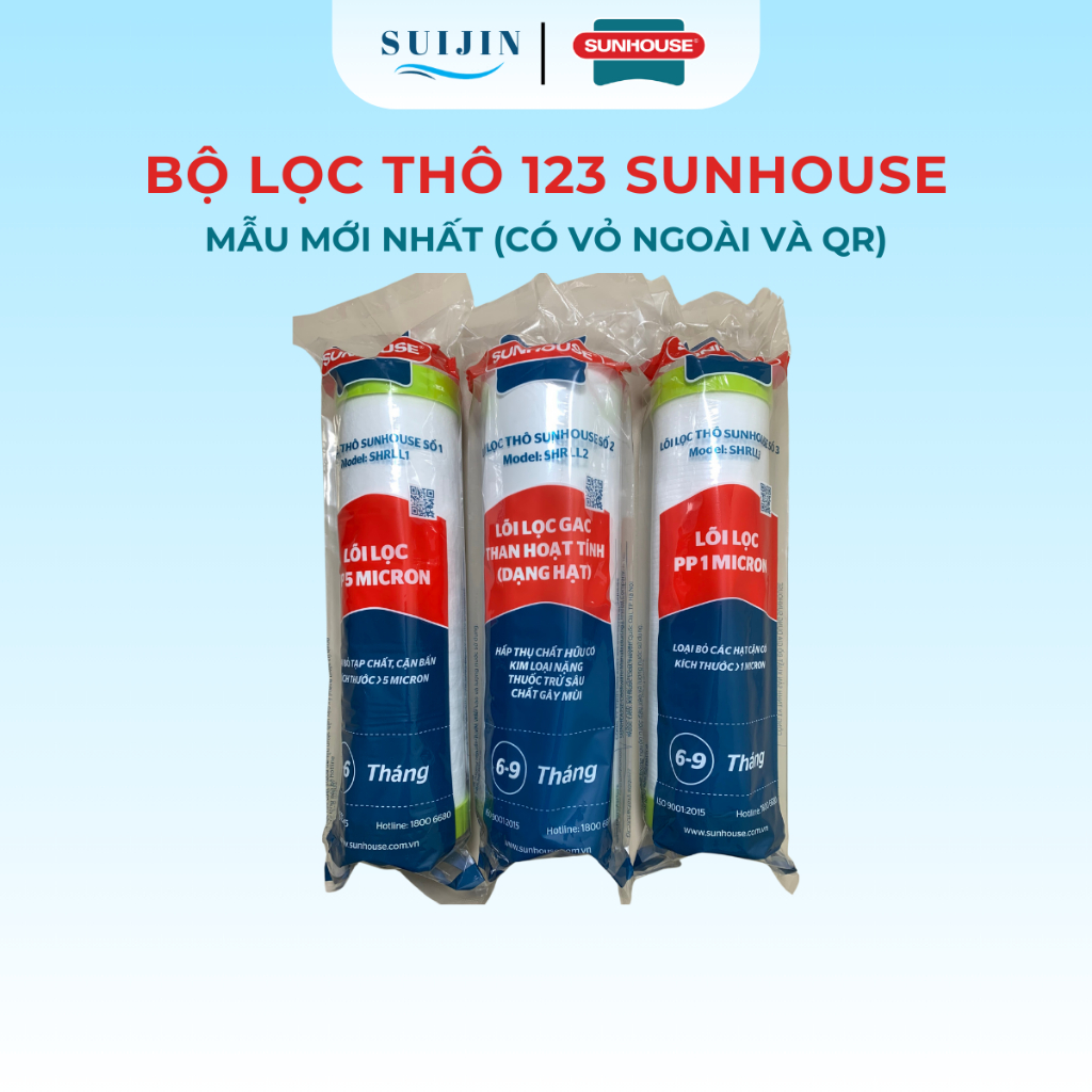 Combo 3 Lõi Lọc Thô Số 123 Sunhouse Hàng Chính Hãng Dùng Cho Máy Lọc Nước RO Sử Dụng Cốc Lọc 10Inch