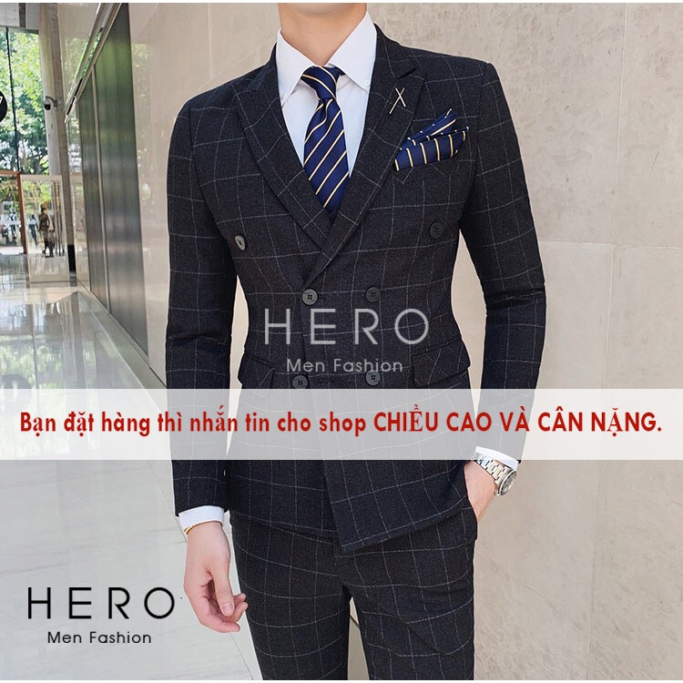Bộ Vest Nam Cao Cấp 6 Cúc Kẻ caro màu Đen, Bộ Suit Nam Hàn Quốc 6 Cúc Kẻ caro