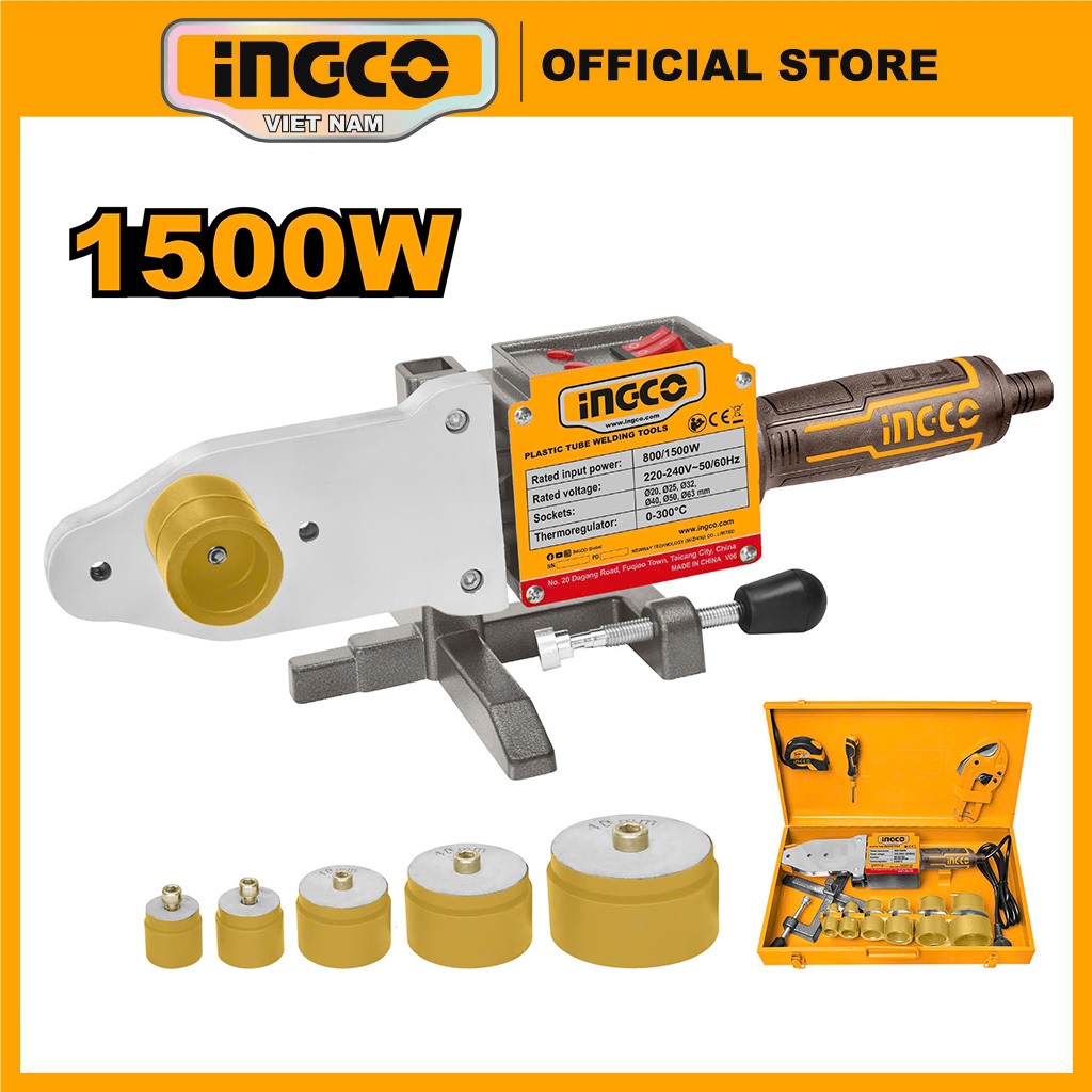  Máy hàn nhiệt ống ppr INGCO PTWT215002 kèm bộ ổ cắm nhiệt size 20 25 32 40 50 63mm màu nâu vàng 