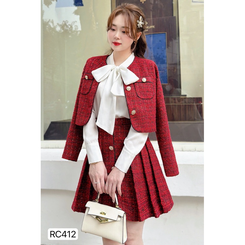 Set áo dạ croptop, chân váy dạ xòe xếp ly đỏ tiểu thư, Set áo dạ tweed chân váy RC412