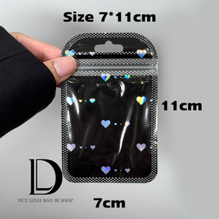   10cái  Túi Zip Đen Tim có lỗ treo Đựng Trang Sức Túi hologram 1 mặt màu đen lấp lánh trái tim 1 mặt trong DuyLinh... 